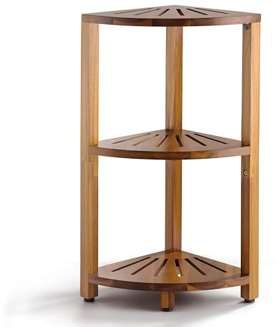 BLUEWEST 3-Tier Corner Shower Caddy Stand, Wood Shower Organizer Standing with Anti-Slip Feet, Waterproof & Durable Bathroom Corner Shelf, Space-Saving Design Storage for Kitchen or Living Room