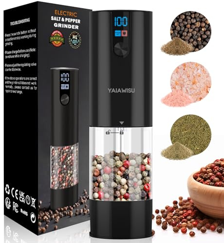 YAIAWISU Elektrische Salz- und Pfeffermühle Set, 2 Stück, LED-Display, Einstellbare Mahlgrade, Schwarz (Schwarz 1pcs)