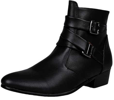 ANUFER Hommes Beau Bout Pointu Bottines Talon Western Fermeture éclair Latérale Cuir Bottines Habillées Noir SN079209 EU40