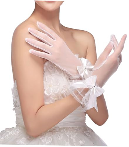 SHERCHPRY Guantes de Novia Estilo Completo Lazo Blancos para Boda de Poliéster Elegantes Guantes de Banquete para Mujer para Ceremonia y Fiesta