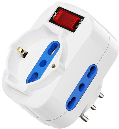 Ewent Adattatore Multipresa Tripla, con protezione sovraccarico ed interruttore ON/OFF, Adattatore da Schuko a Spina 10A, Spina Rotante 90 gradi, Ciabatta Multipresa 1500W, Bianco