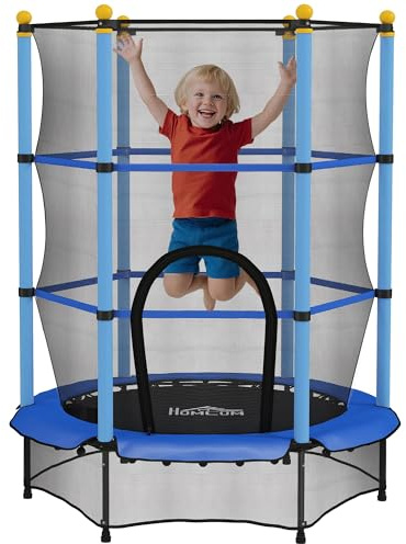 HOMCOM Cama Elástica Infantil Ø140 cm, Trampolín para Niños de 3-10 Años con Red de Seguridad y Marco de Acero, Carga 50 kg, para Interior y Exterior, Azul