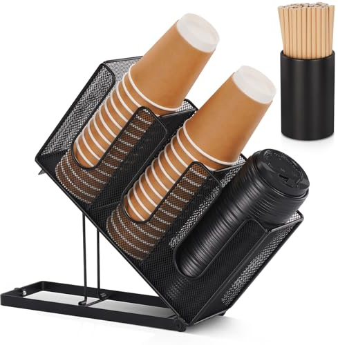 Cairondin Paper Cup and Lid Holder with Straw Organizer for Countertop Coffee Station Bar Restaurant Breakroom, Metal Midsize Disposable Coffee Cup Dispenser for Plastic Cup Lid Straw, Black