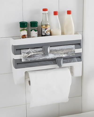 Portarotolo da parete da cucina, 3 in 1, con ventosa magnetica, dispenser di pellicola trasparente e pellicola di alluminio, taglierina per pellicola aggiornata, supporto da parete per rotoli da