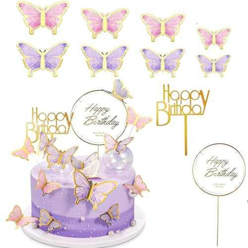 22 Pcs Butterfly Cake Decorations with Happy Birthday Acrylic Cake Toppers, Lively 3D Butterfly Cake Topper Decorations, Gold Edge Butterfly Cupcake Picks for Wedding Party Cakes Supplies,Purple&Pink