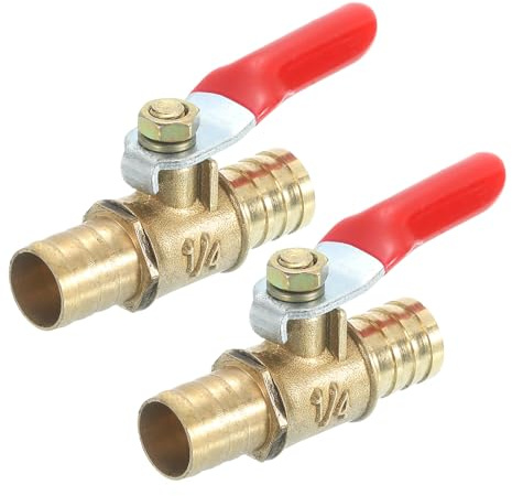 sourcing map 2Pcs Brass Water Mini Ball Valve Shut Off Switch, 1/2 Hose Barb x 1/2 Hose Barb, 180 Degree Operation Handle, Brass Valve