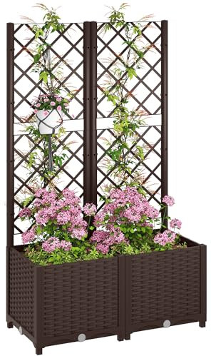 Outsunny Jardinière avec Treillis, lit surélevé de Jardin, jardinière extérieure avec 6 Trous de Drainage, réservoirs d'eau, bac à Fleurs pour Balcon terrasse Patio, 80 x 40 x 135 cm, Marron