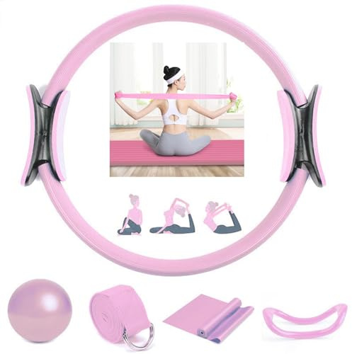 Tarange 5 Stück Pilates Ring Set, Pilates Essentials Kit, Pilates Zubehör, Pilates Ball, Band, Pilatesring Ring, Für Beine Arme Und Oberschenkel Gewichtsverlust Ausrüstung Für Heimtraining (Rosa)
