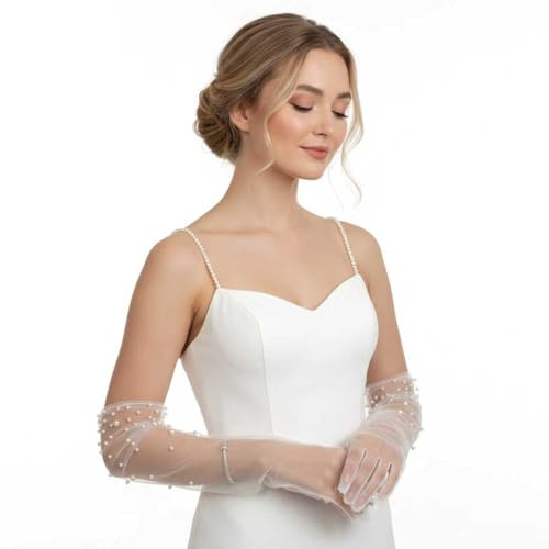 Eiaork Women's Long Tulle Gloves Bridal Pearl Glove Elbow Length Sexy Sheer Gloves for Opera Dance Party
