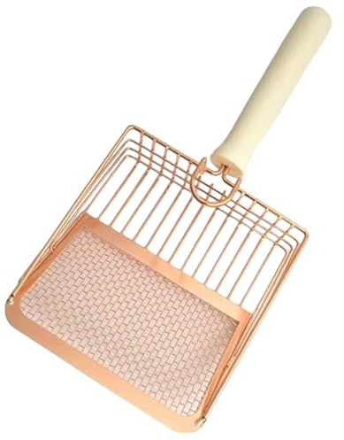 HoveeLuty Katzenstreuschaufel, 4 mm Gitter und 8 mm Stange, Streuschaufel, 5 x 5, Zoll, große Katzenstreuschaufel mit Holzgriff, leicht zu waschen, roségoldfarbene aus Metall mit Haken