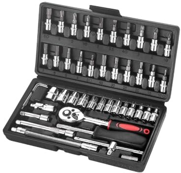 SteelMule Kit de Herramientas 46 Piezas | Carraca 1/4” 72T + 13 Vasos + Puntas TORX, Hex, Phillips | Maletín compacto | Acero Cr-V | Ideal para automoción, bici y bricolaje