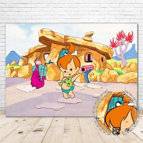Pebbles Backdrop for Girl 1st Birthday Party Supplies 7x5 Vinyl Dino and Pebblies Banner Baby 2nd Birthday Decorations Photograohy Background Room Wall Decor Photo Booth Props
