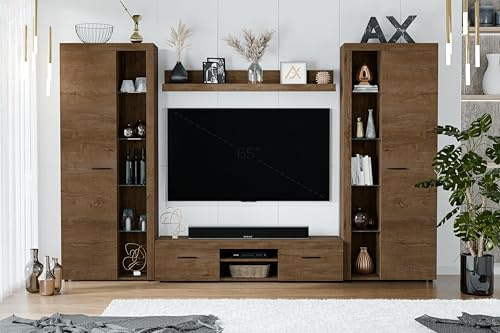 AXLIVING Spacoro XL Schrankwand Wohnzimmer Modern 300 cm Lefkas Eiche Wohnwand mit Vitrinen und TV-Board