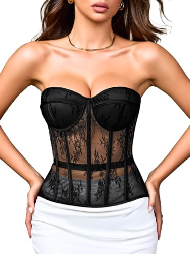ChiaoLezhee Women's Lace Overbust Corset Top Sheer Mesh Push Up Underwire Shapewear Sexy Club Outfits, Boned Bustier Tube Strapless Lace Up Floral Wedding Bride Bra Going Out,Black Lace,Large