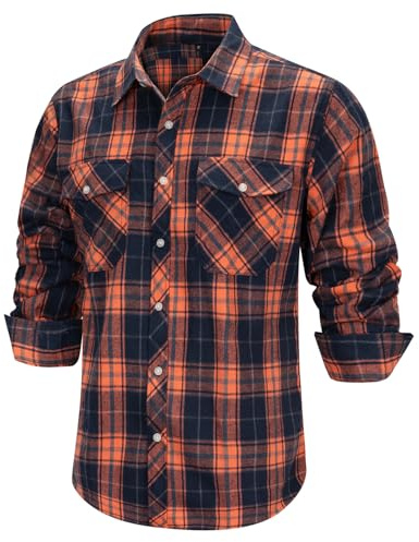 Wirltte Mens Shirts Long Sleeve Casual Flannel Checked Plaid Shirt Regular Fit Button Down Shirts with Pockets Orange M