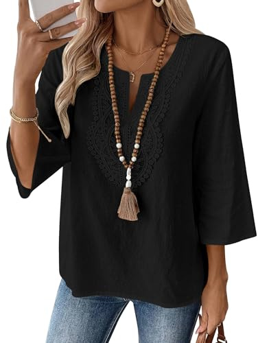 Rapbin Damtoppar 3/4 ärm v-ringad bomull linne casual blusar lös passform boho spets tunika, Svart, M