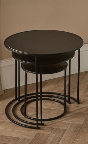 OHS Nest of Tables Set of 3, Manhattan Stacking Side Table Living Room Wooden Stylish Decorative Coffee Table Sturdy Metal Frame Home Interior Easy Assembly Round End Tables, Black