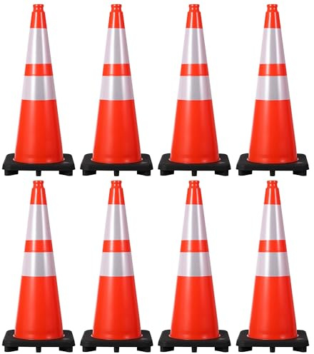 8-Pack 28 Inch Traffic Cones with Weighted Base - PVC Orange Safety Cones for Construction, Parking Lot, Driveway & Event Traffic Control