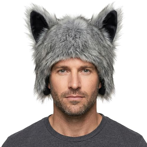 HoveeLuty Gorro de lobo cálido y acogedor gorro de animal de felpa de invierno para clima frío, cosplay y actividades al aire libre Orejas de lobo animal