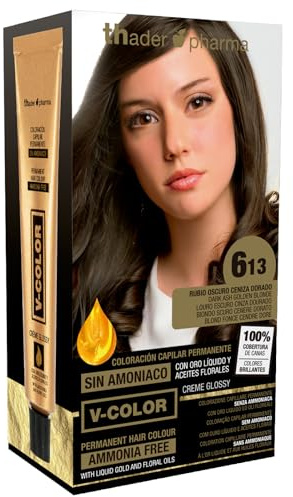Thader Pharma V-Color Kit de Tinte permanente Sin Amoniaco con Oro Líquido 100% Cobertura de canas, 120 ml (No. 6.13 Rubio oscuro ceniza dorado)