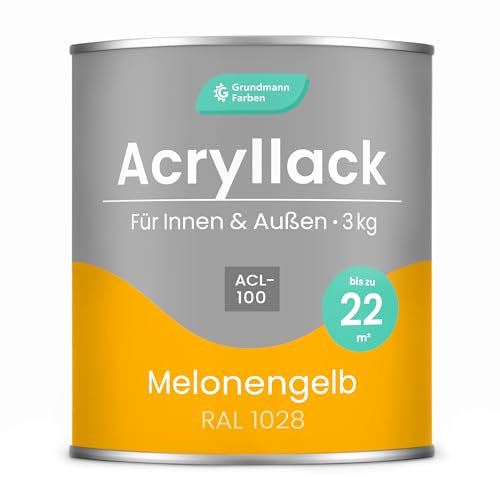 Grundmann Acryllack ACL 100 - Gelb 3 Kg - 4in1 Lack inkl. Grundierung - Innen und Außen - Für Holz, Metall, Stein & Kunststoff - Melonengelb RAL 1028