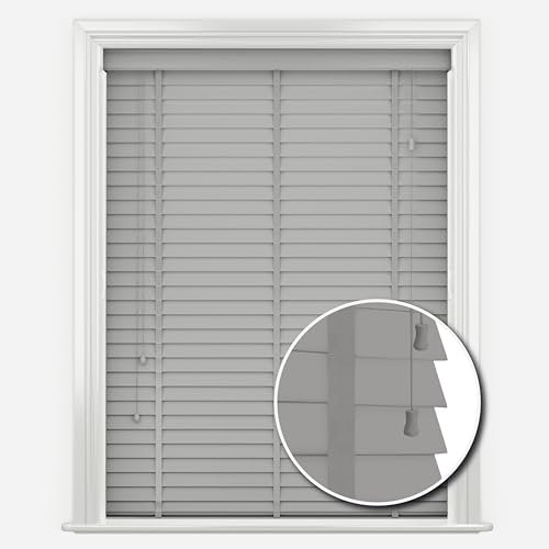 Funky Gadgets Faux Wood Blinds Wooden Grain window Venetian Blind 50mm Horizontal Smooth Slats with Tape White Silver/Grey TRIMMABLE Child Safe (Grey, W60cmxL150cm)