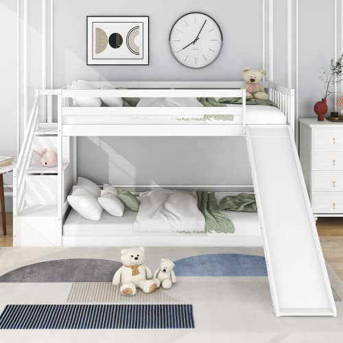 LTGB Bunk Bed with Stairs and Slide, Solid Pine Wood Frame, Children Bed with 2 Drawers in the Steps, Ideal for Any Room, 90x190cm, White【UK Fast Shippment】