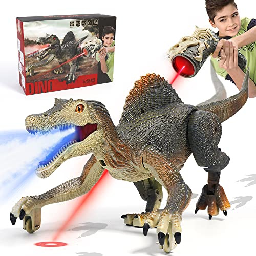 FRUSE Ferngesteuerter Dinosaurier Spielzeug, RC Spinosaurus für Kinder,Grau | Licht Verfolgung, Sprühnebel, LED Licht, Brüllen, Aufladbare Batterien, Radio Dino, Laufbewegung, Geschenke für Kinder Jungen