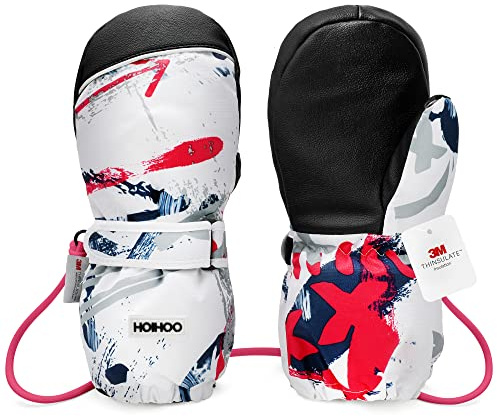 HOIHOO Kids Ski Mittens, Waterproof Snow Thinsulate Mittens Toddler Warm Winter Ski Snow Gloves with String for Boys Girls