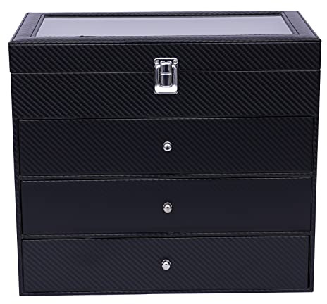 WooDerson Scatola per occhiali da sole, 24 occhiali, 33,5 x 19 x 29,5 cm, con 3 cassetti, colore nero, Nero , 33.5*19*29.5cm
