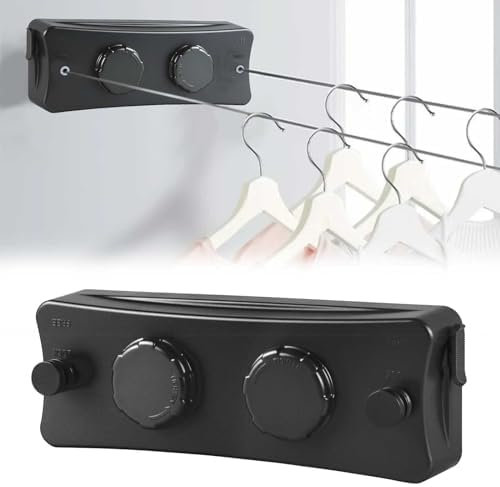 Domigard Corda per Biancheria Retrattile, Stendibiancheria Interna a Parete Doppia Linea Invisibile Filo di Lino Estensibile in Acciaio Inossidabile, Corda da Biancheria Regolabile 2 * 5,1m (Nero)