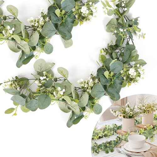 2 Stück Eukalyptus Girlande, Künstliche Pflanze Girlande, 1,8m Hängend Grüne Blätter Deko mit Weiße Blumen, Eukalyptusranke für Hintergrund, Hochzeit Bogen, Tischdeko, Heimdekoration