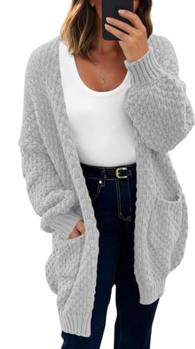 Saodimallsu Womens Oversized Open Front Cardigans Fall Chunky Knit Lantern Long Sleeve Sweater Coats with Pockets Light Grey