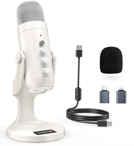 zealsound Microphone USB Podcast : réduction de Bruit, sourdine, écho, Gain. Compatible PC, Mac, iPhone, Android, PS4/PS5. Idéal Streaming, Jeu, ASMR, Chant, Youtubers, Twitch. Micro K66 Blanc nacré