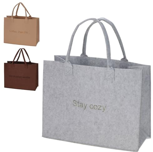 Murago - Filztasche Grau mit Spruch - Stay cozy – Damen Shopper Tasche 26L, große Einkaufstasche aus Filz, robuste Handtasche für Arbeit Shopping Freizeit