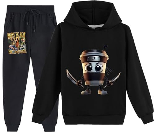 YuanDiann Barn Cappuccino Assassino träningsoveraller huvtröja + joggingbyxor 2-delat set italienskt brainrött tryck träningsoverall pojkar flickor huvtröja och byxor, svart, 130