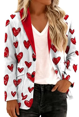 Blazer en velours côtelé pour femme avec imprimé cœur, manches longues, veste boutonnée sur le devant, pour la Saint-Valentin, le bureau et le quotidien décontracté, Rouge, S
