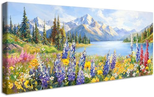 Stampa su tela Con Cornice Fiori Selvatici Colorati Pittura Montagne Innevate Quadri su tela Quadri Moderni Paesaggio Naturale Quadretti Stampa da Parete Soggiorno Camera da Letto Hotel 50x120cm