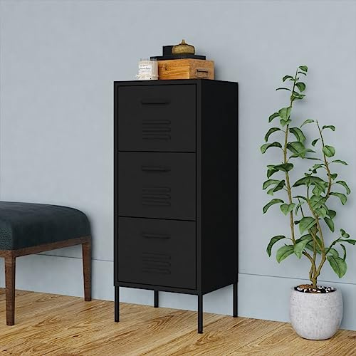 XHNIFBN Lagerschrank Schwarz 42,5x35x101,5 cm aus Stahl mit 3 Auszugsschubladen, höhenverstellbare Füße, 60 kg Belastbarkeit, moderner Aufbewahrungsschrank für Büro Keller Flur
