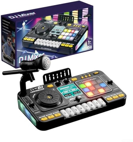 DJ Mixer per bambini console musicale con effetti di luce coinvolgenti e microfono wireless, connettività, 12 tracce, 3 effetti DJ e 12 tasti effetti sonori con 8 tasti (nero)
