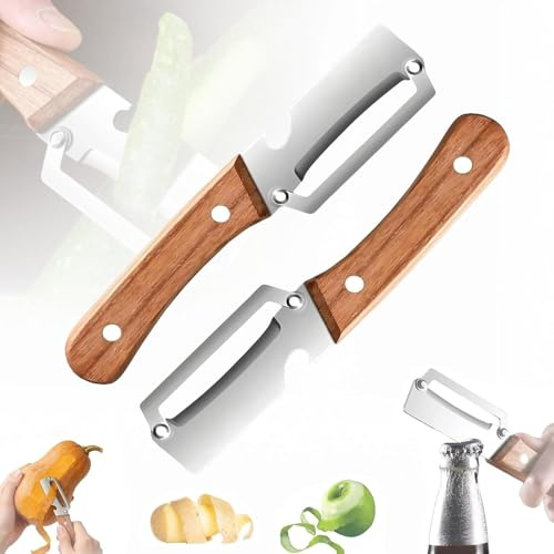 2-in-1 Multifunctional Vegetable Peeler for Kitchen, Stainless Steel Blade with Wooden Handle & Bottle Opener, Good Sturdy, Effortlessly Peels Fruits & Vegetables, Ideal Kitchen Tool Gift (2 Pack)