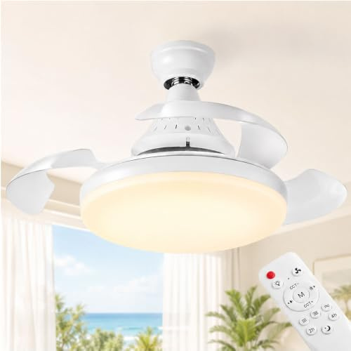 081 Store - Ventilatore da soffitto con luce LED e telecomando | Attacco E27, silenzioso, 3 velocità, luce regolabile, installazione facile