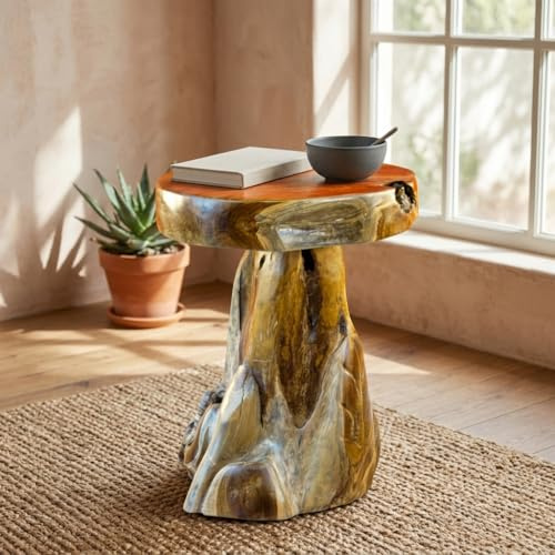 Kinaree Wurzelholz Beistelltisch JOMTIEN III aus massivem Teakholz – Handgefertigter Holztisch rund ca. 50x Ø 40cm – Naturholz Sofa Tisch & Blumenständer im Asia Stil