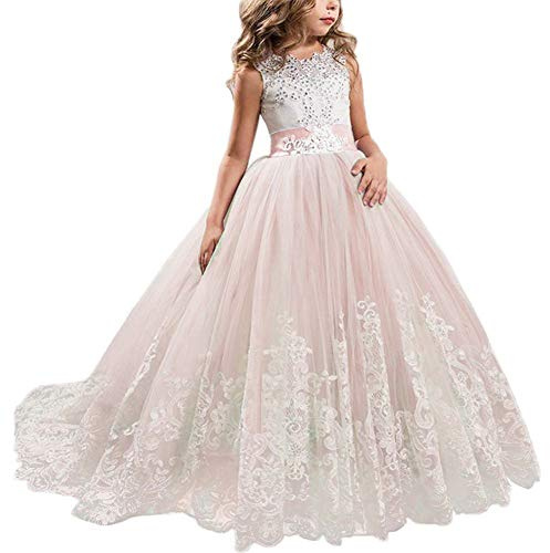 NNJXD - Abito da ballo ricamato in tulle, da principessa, per feste formali, lungo e con coda Rosa 7-8 Anni