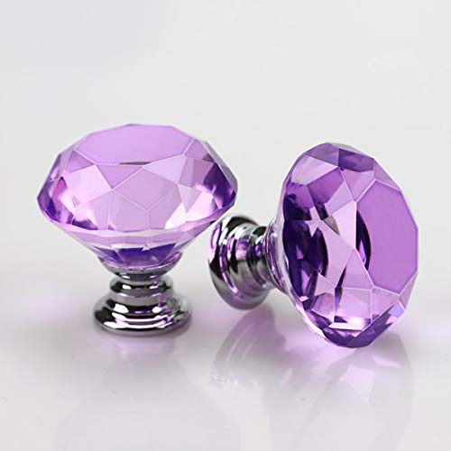 2 PCS Crystal Glass Door Knobs 30mm Diamond Drawer Knobs Sparkle Cabinet Pull Handles with Screws Wardrobe Cupboard Decorating (Purple)