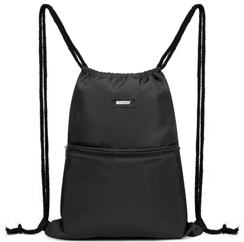 WANDF Rucksack mit Kordelzug Turnbeutel Sportbeutel Gym Bag Mit Aussentasche Verstellbar Tunnelzug Gymsack für Damen Herren Kinder mit Innentasche 11 Liter für Sport und Reisen (A - Schwarz)