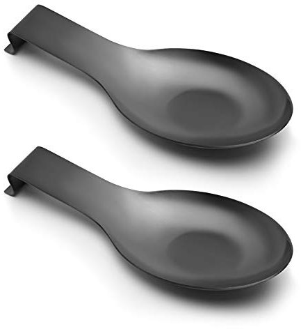 Pretty Jolly Stainless Steel Black Spoon Rest for Kitchen Counter Cooking Utensil Rest Spoon Ladle Holder for Stove Top Rust Resistant Large Size Spatula Rest Dishwasher Safe 9.61 x 3.74 Inch(2PCS)