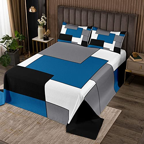 Homewish Quadratisches Steppdecken Set für Kinder Jungen Mädchen Blau Grau Weiß Schwarz Bettdecke Geometrischen Gitterlinien Streifen Patchwork Tagesdecke 170 x 210 Modernen Grafischen Kunstwerken