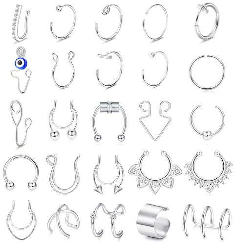 Kakonia 25pcs falso anello nasale falso setto per donne e uomini magnetico setto nasale malocchio clip anello naso cerchio polso polso naso per piercing falso naso non forato, acciaio inossidabile,