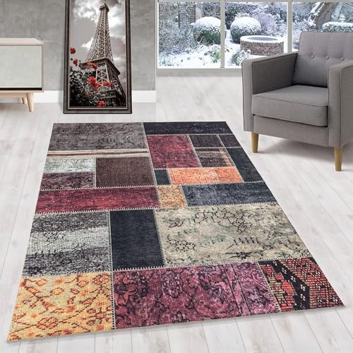 HomebyHome Waschbarer Kurzflor Teppich Läufer Multi 80x250 cm Patchwork Design mit Rutschfester Rückseite, Hautfreundlich & Pflegeleicht, Ideal für Wohnzimmer, Schlafzimmer, Flur